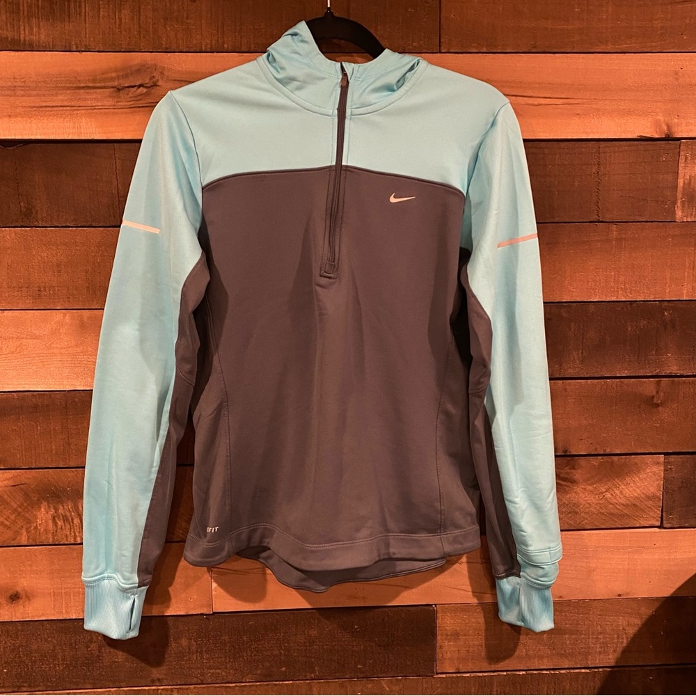 Nike- Gray/Aqua Dri Fit Running Zip Up W/ Hood- Medium